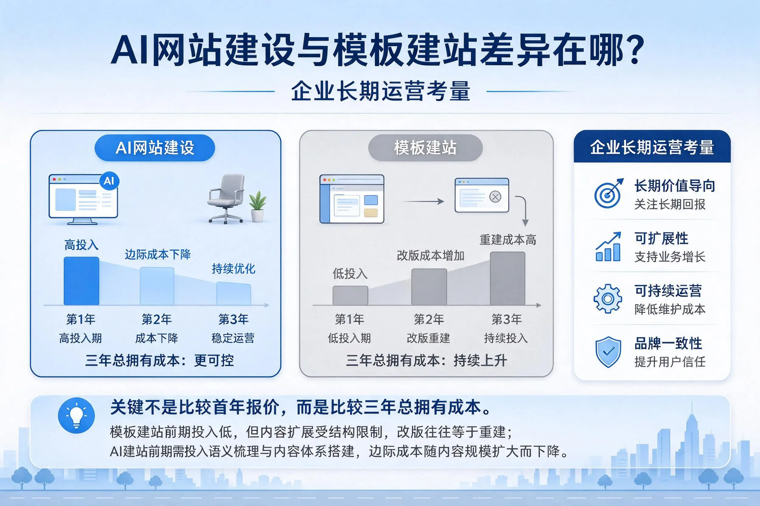 AI网站建设与模板建站差异在哪？重庆郊县企业长期运营考量